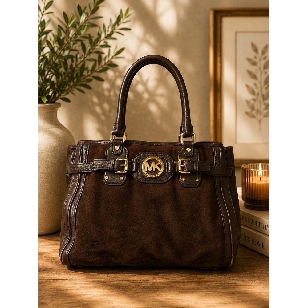 Michael Kors Hudson Satchel Brown Suede Leather Gold Hardware Handbag